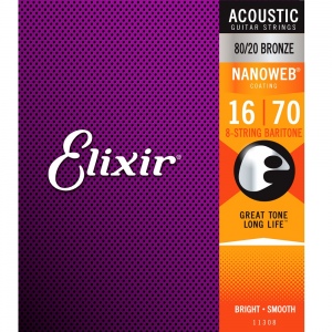 Elixir 11308 NANOWEB Комплект струн для акустической 8-струнной баритон гитары, бронза 80/20, 16-70