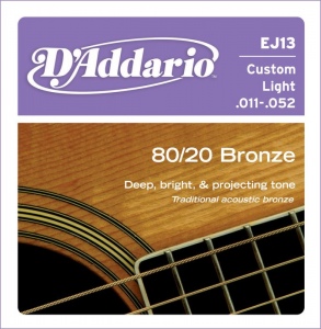 D`ADDARIO EJ13 струны для акустической гитары бронза 80\20, Custom Light 11-52